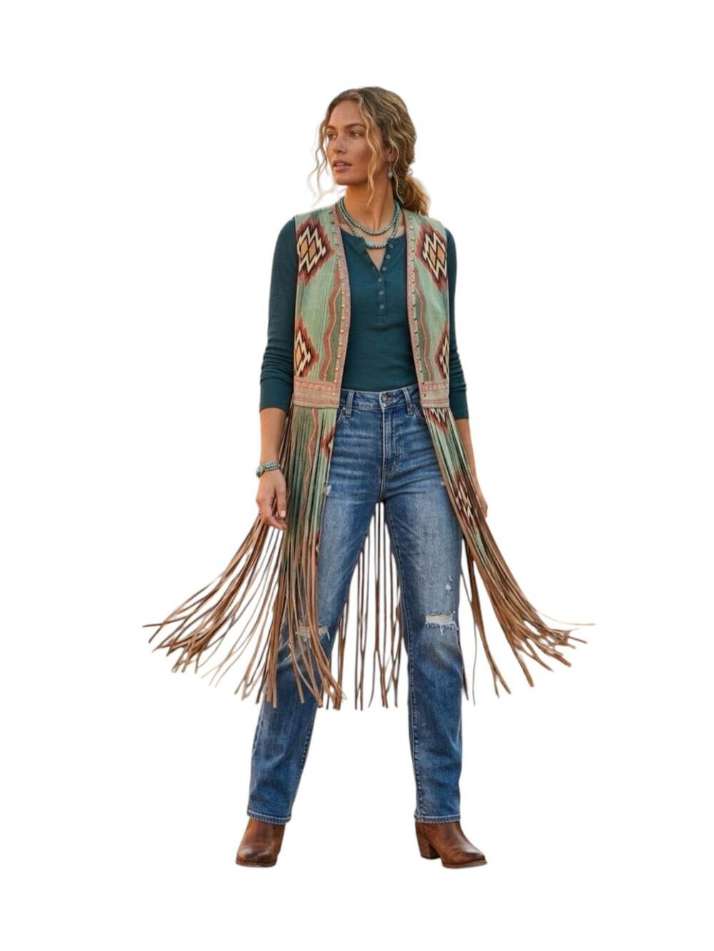 Fashion Express Southwestern Studded Long Fringe Vest Duster size Large
